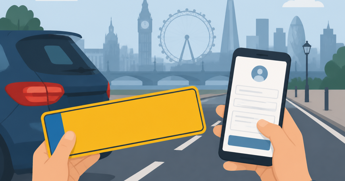 Illustration of a registration plate and a smartphone with a contact form against a London silhouette
